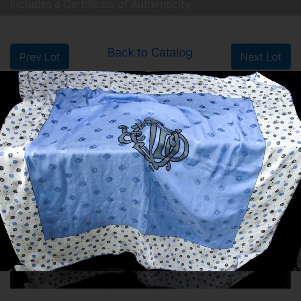 Authentic Dior White and Light Blue Polka Dot Silk Scarf with Black Emblem - Picture 2 of 7